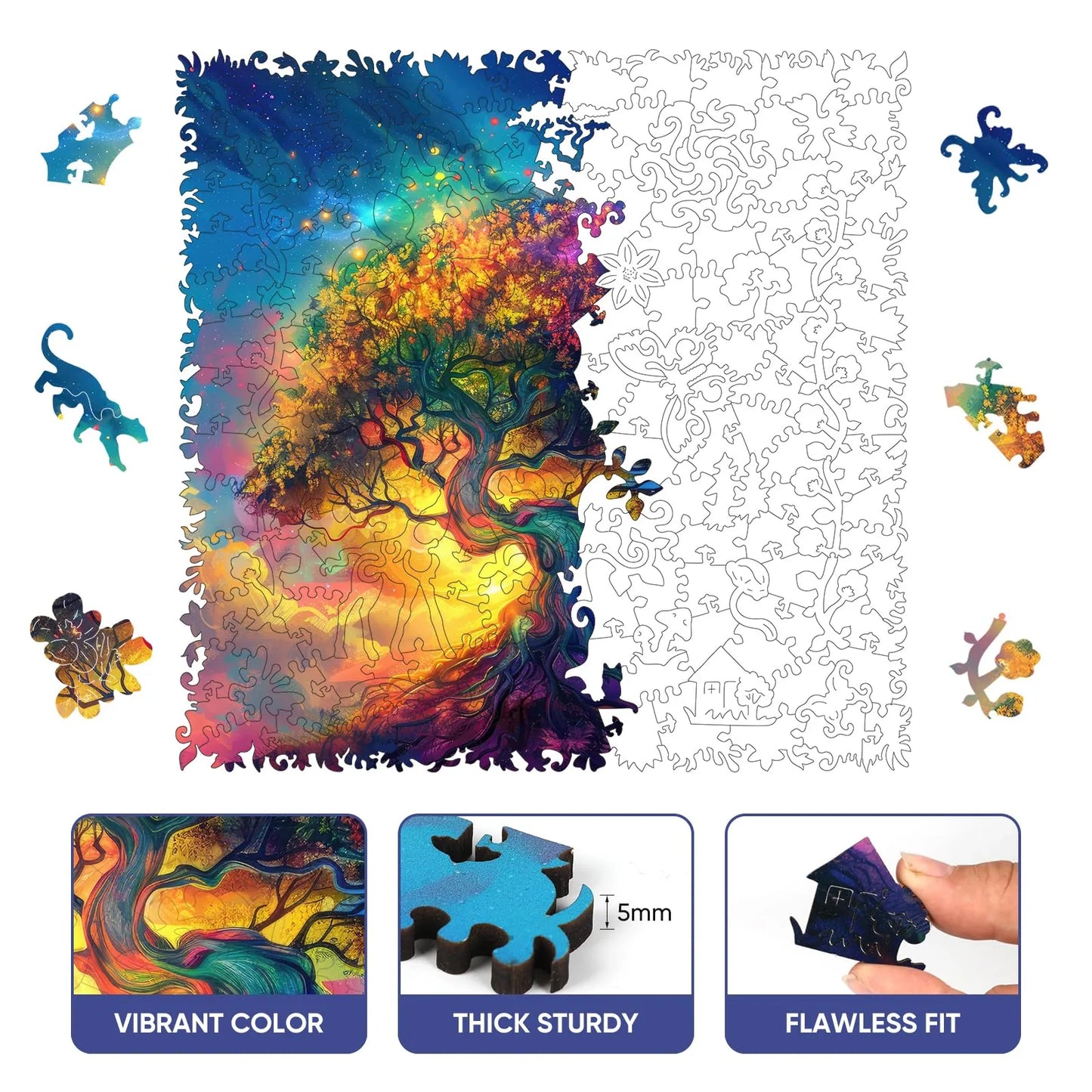 Whimsical wooden jigsaw puzzle – Colorful Tree of Life design