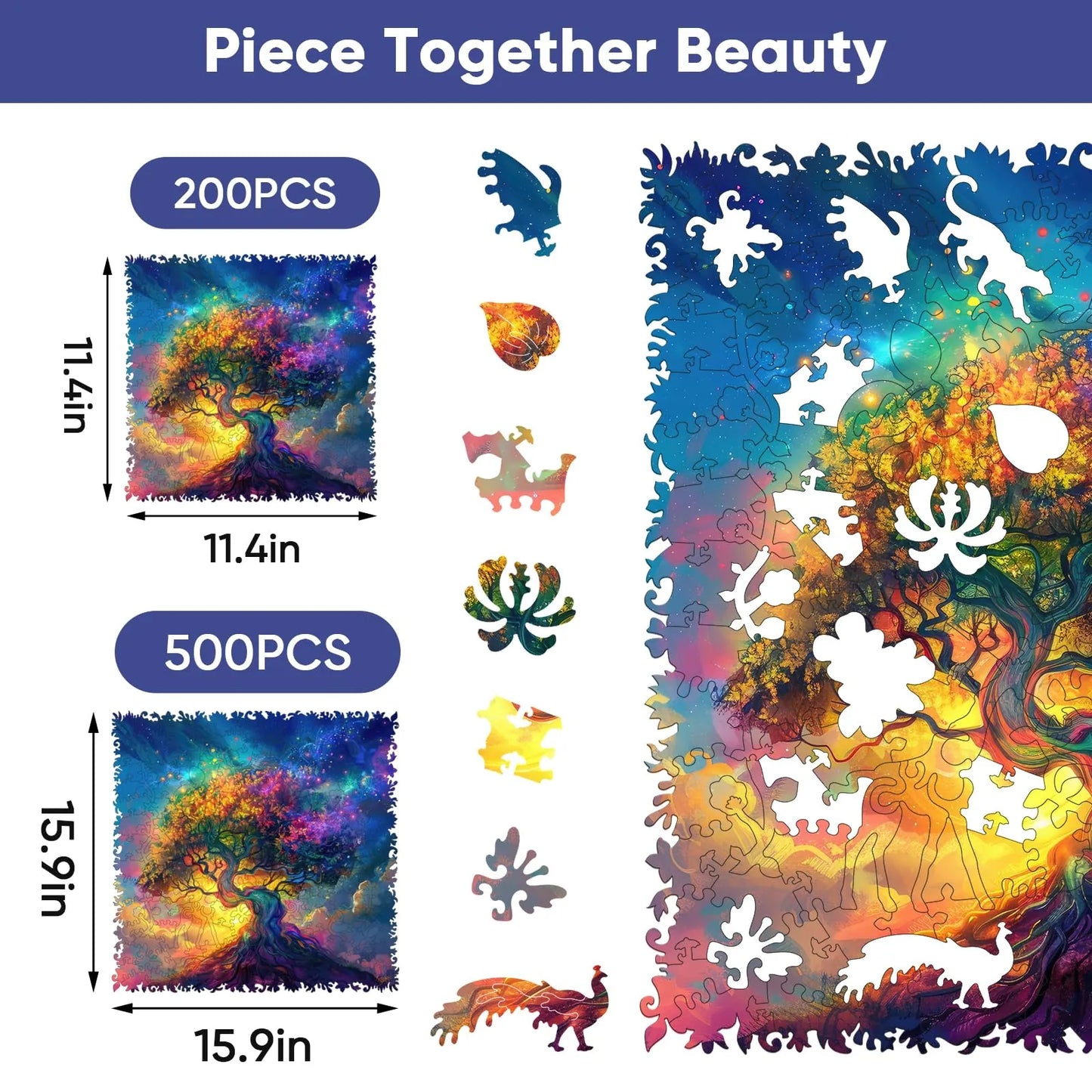 Colorful Tree of Life wooden puzzle with laser-cut wood pieces