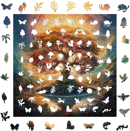 Whimsical wooden jigsaw puzzle – Tree of Life Shadow design