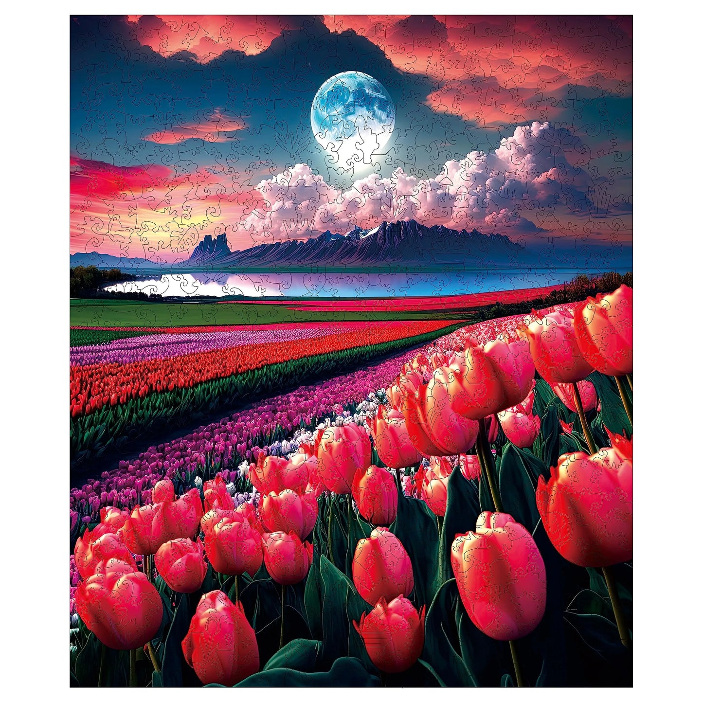 Tulip flower sea wooden jigsaw puzzle for adults with unique shaped pieces