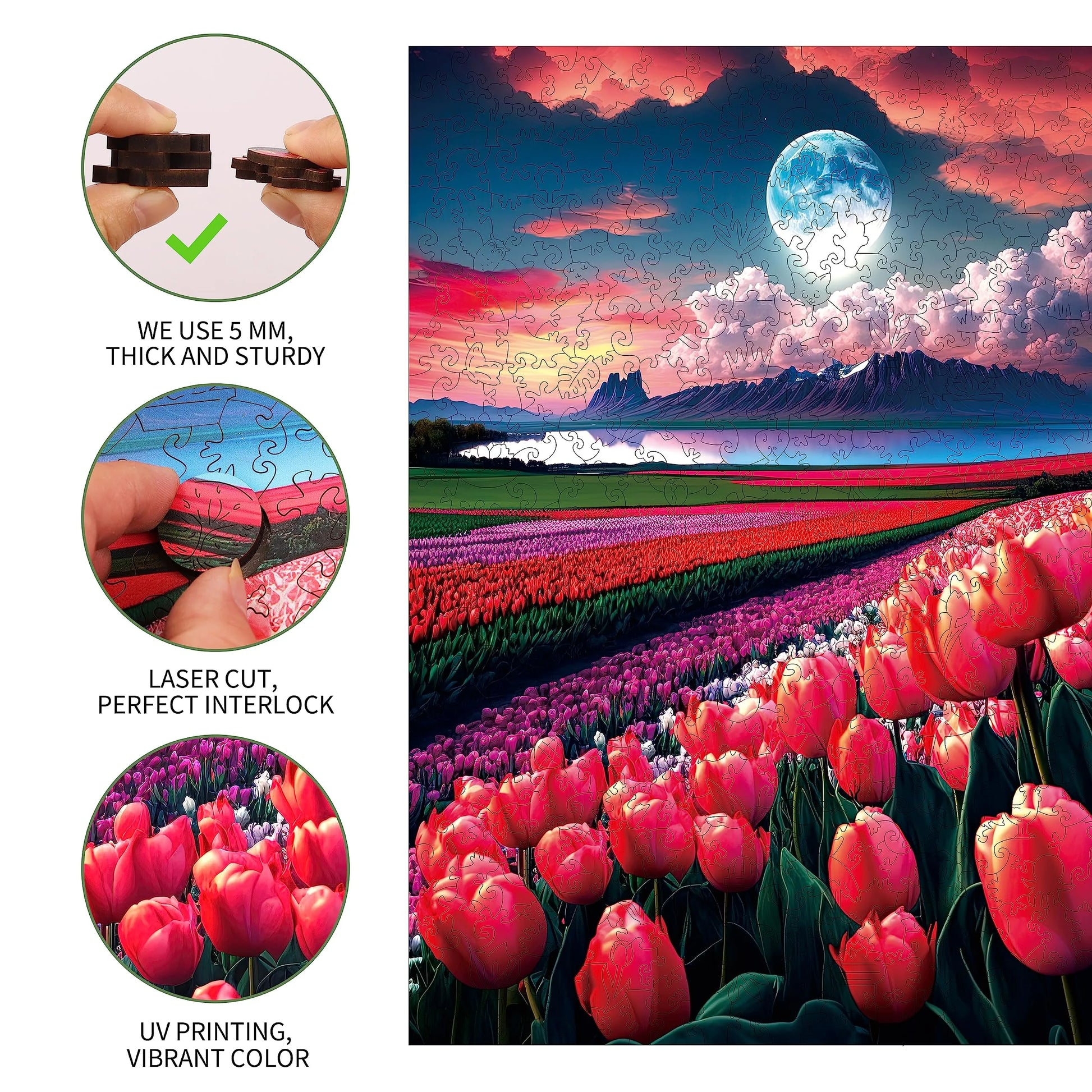 Whimsical wooden jigsaw puzzle – tulip flower sea design