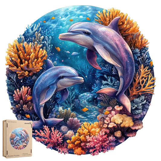Two dolphins wooden jigsaw puzzle for adults with unique shaped pieces
