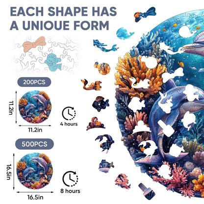 Whimsical wooden jigsaw puzzle – playful dolphin pair design