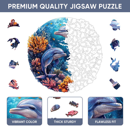 Two dolphins wooden puzzle with laser-cut wood pieces