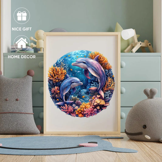 Ocean themed wooden jigsaw puzzle – two dolphins design by WoodAha