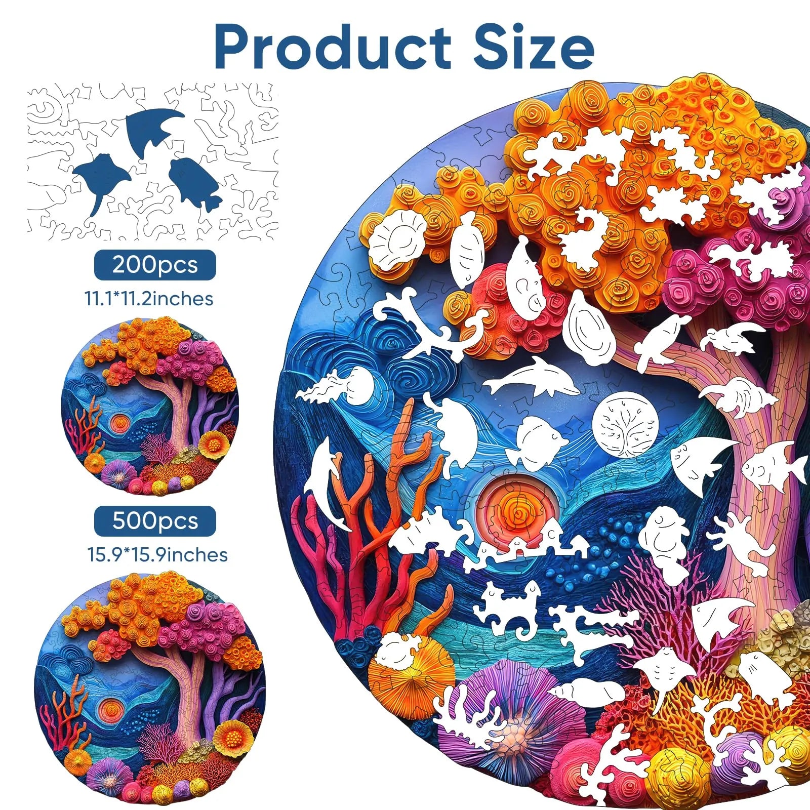Whimsical wooden jigsaw puzzle – colorful coral reef design