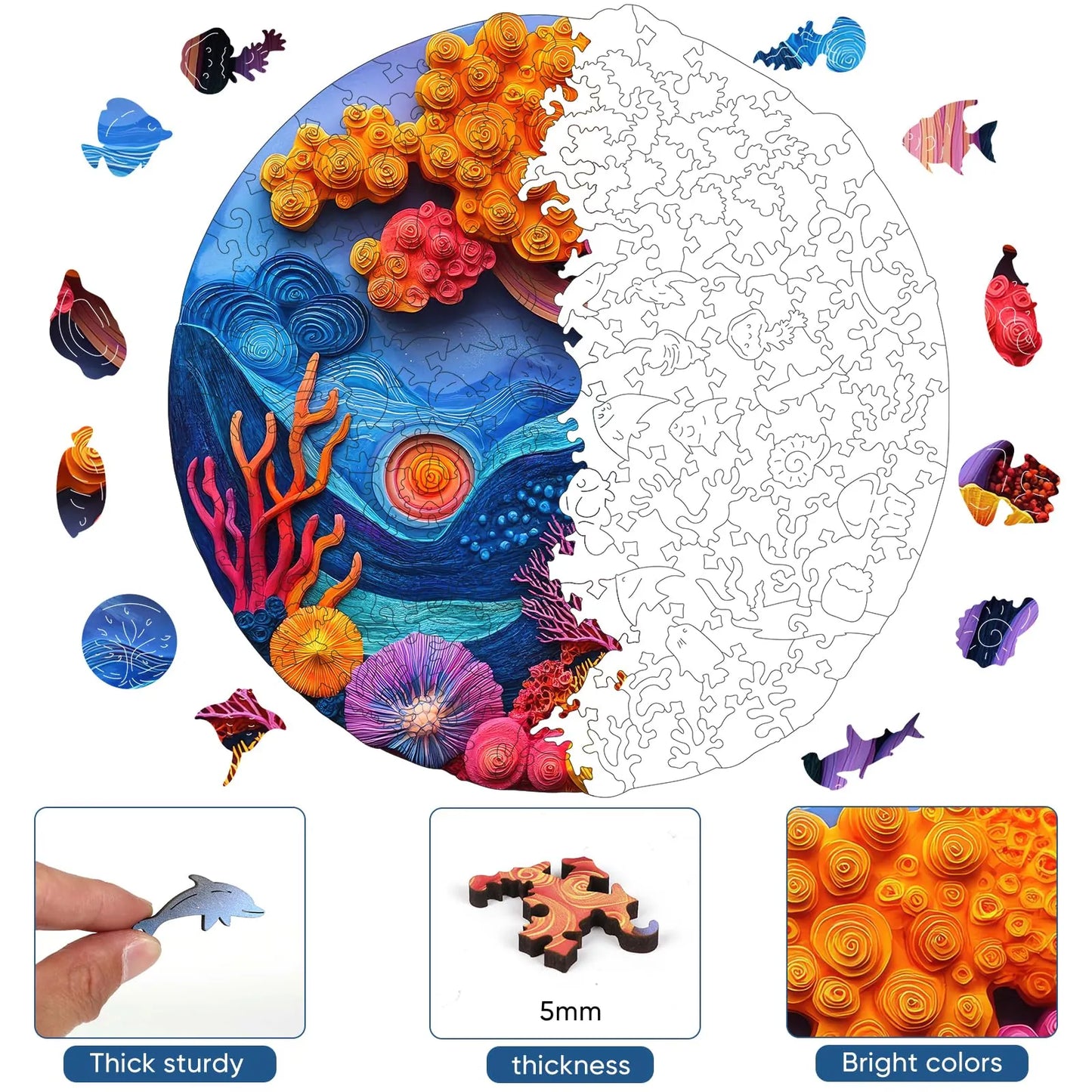 Undersea coral wooden puzzle with laser-cut wood pieces