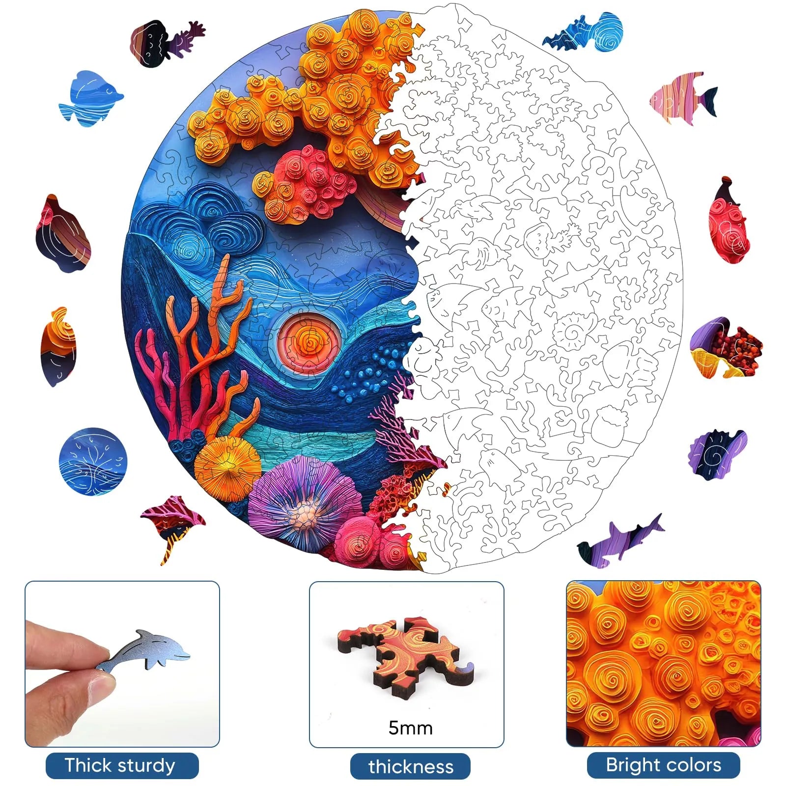 Undersea coral wooden puzzle with laser-cut wood pieces