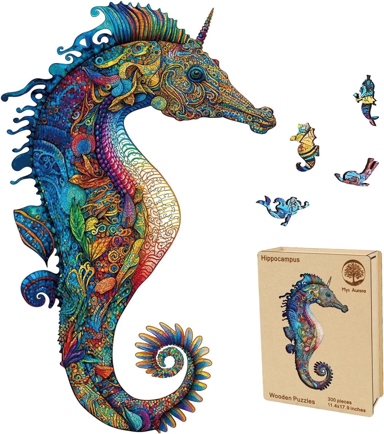 Unicorn seahorse wooden jigsaw puzzle for adults with unique shaped pieces