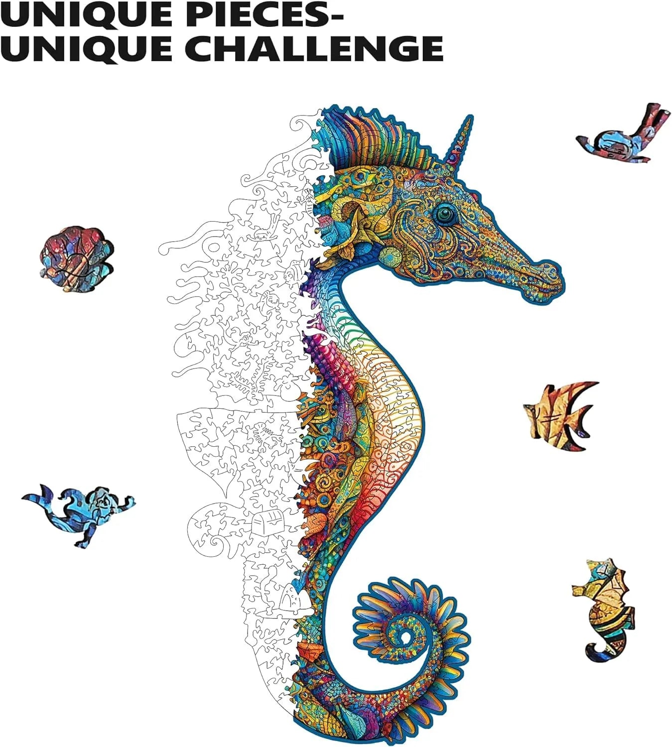 Unicorn seahorse wooden puzzle with laser-cut wood pieces