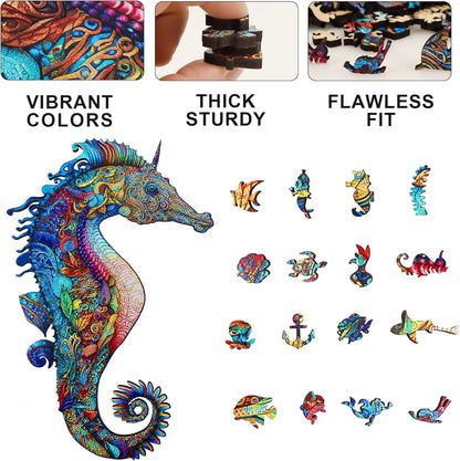 Whimsical wooden jigsaw puzzle – unicorn seahorse design