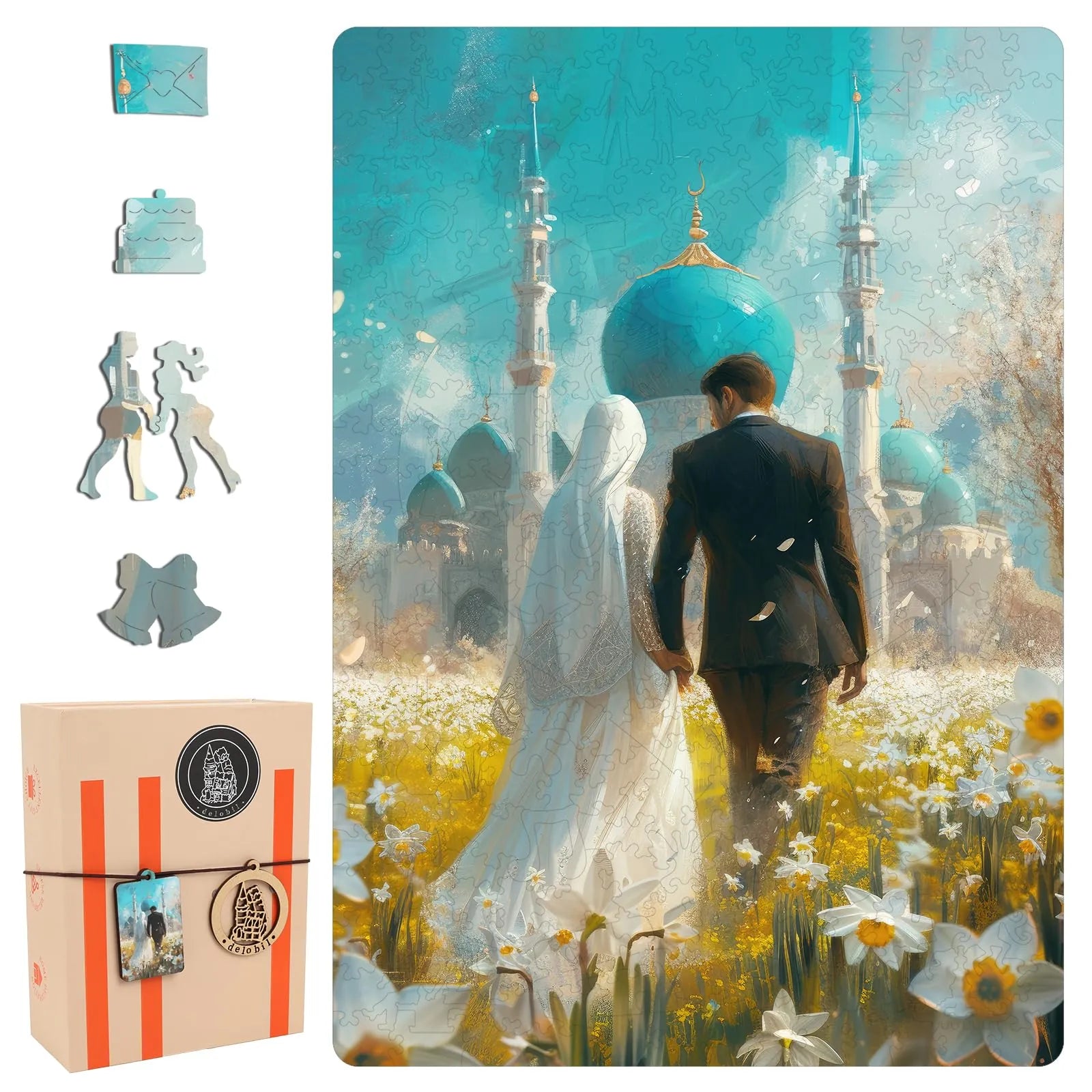 Wedding wooden jigsaw puzzle for adults with unique shaped pieces