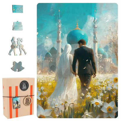 Wedding wooden jigsaw puzzle for adults with unique shaped pieces