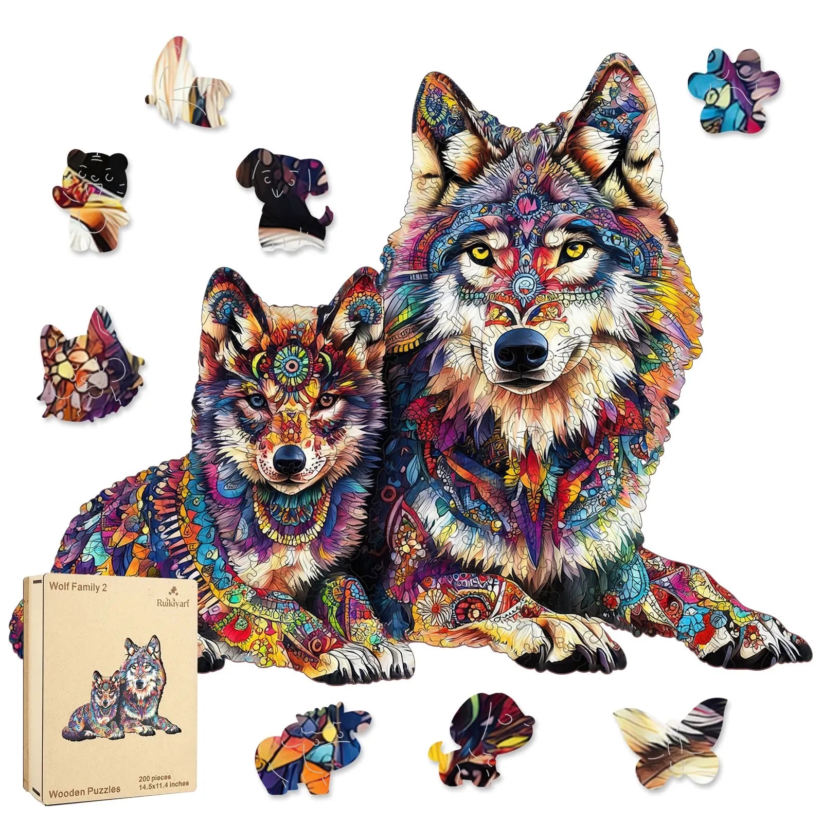 Wolf family wooden jigsaw puzzle for adults with unique shaped pieces