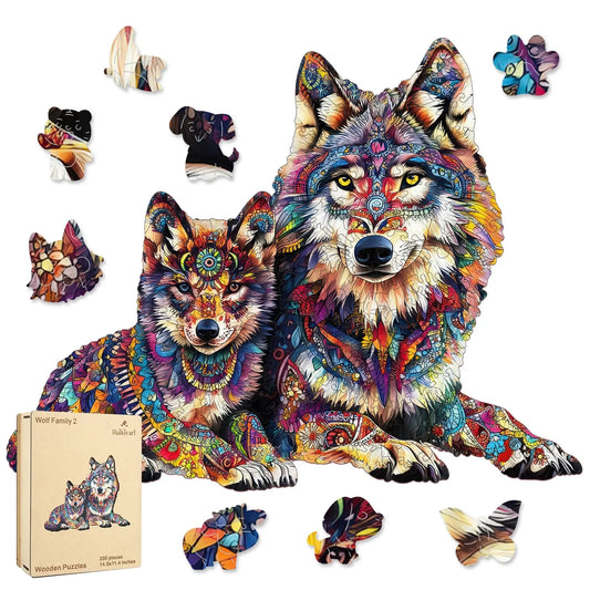 Wolf family wooden jigsaw puzzle for adults with unique shaped pieces