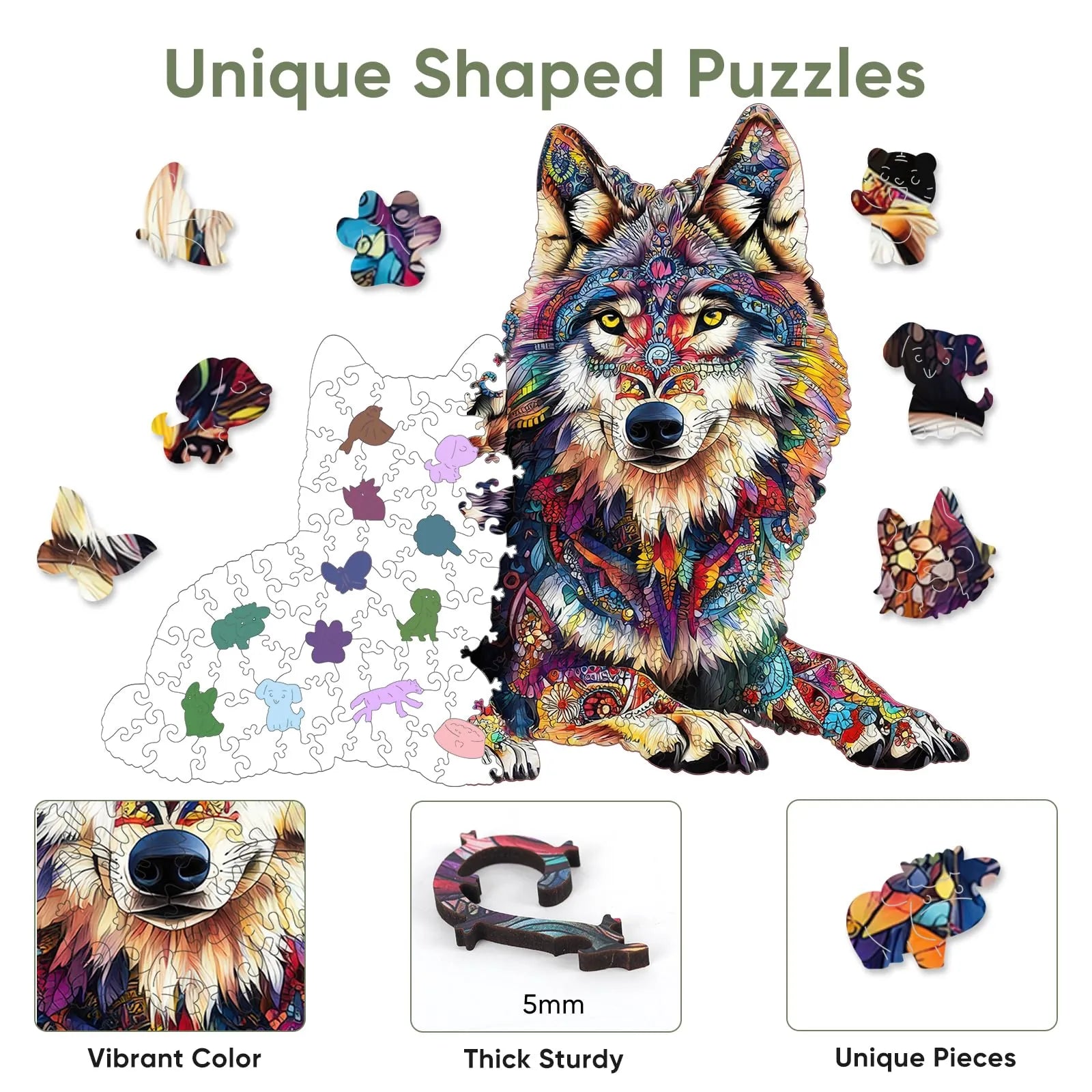 Wolf family wooden puzzle with laser-cut wood pieces