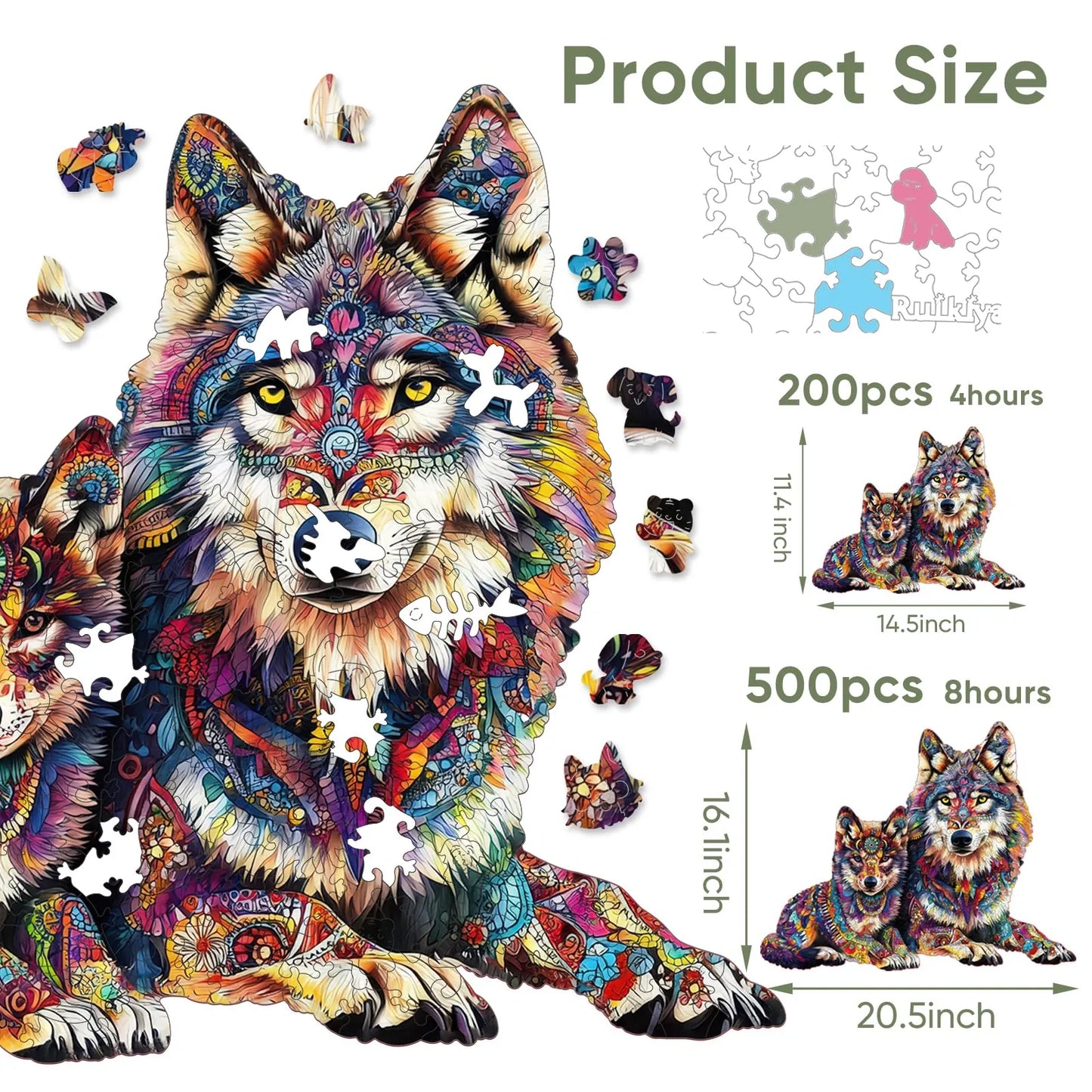 Whimsical wooden jigsaw puzzle – heartwarming wolf family design