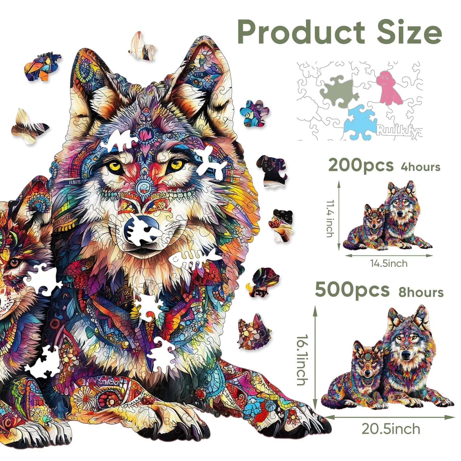 Whimsical wooden jigsaw puzzle – heartwarming wolf family design