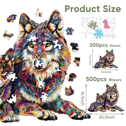 Whimsical wooden jigsaw puzzle – heartwarming wolf family design