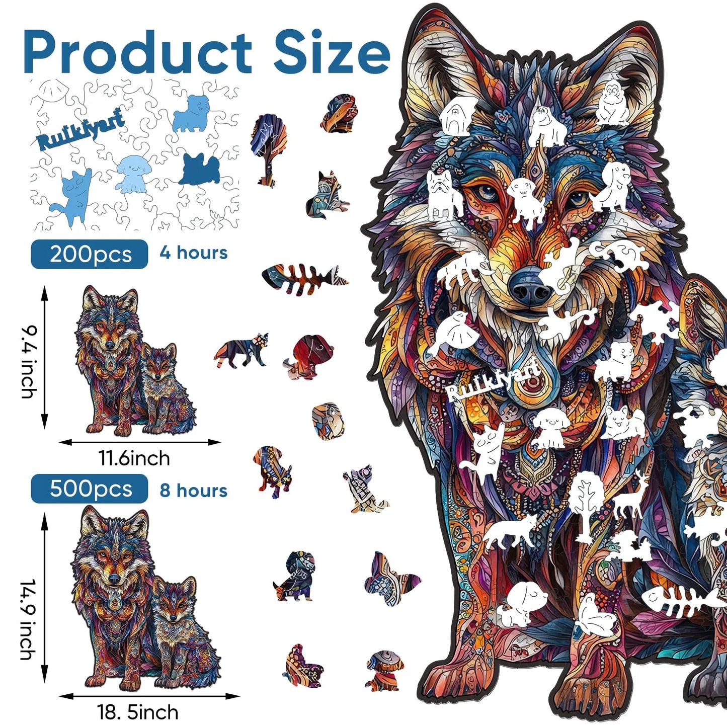 Whimsical wooden jigsaw puzzle – Wolf Family II pack design