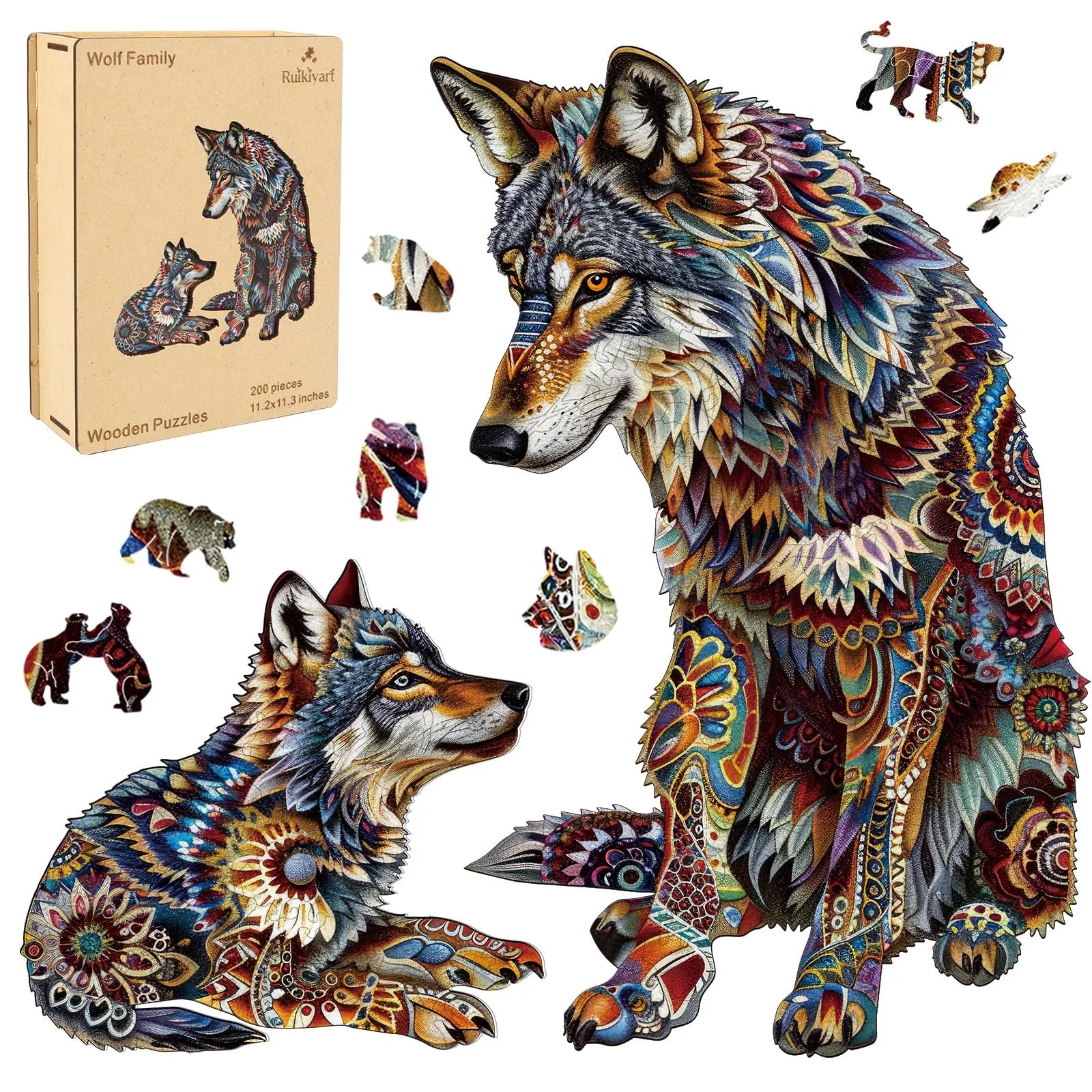 Wolf Family III wooden jigsaw puzzle for adults with unique shaped pieces