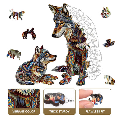Whimsical wooden jigsaw puzzle – wolf pack design