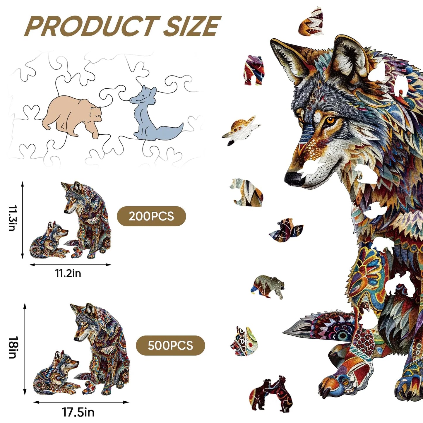 Wolf Family III wooden puzzle with laser-cut wood pieces