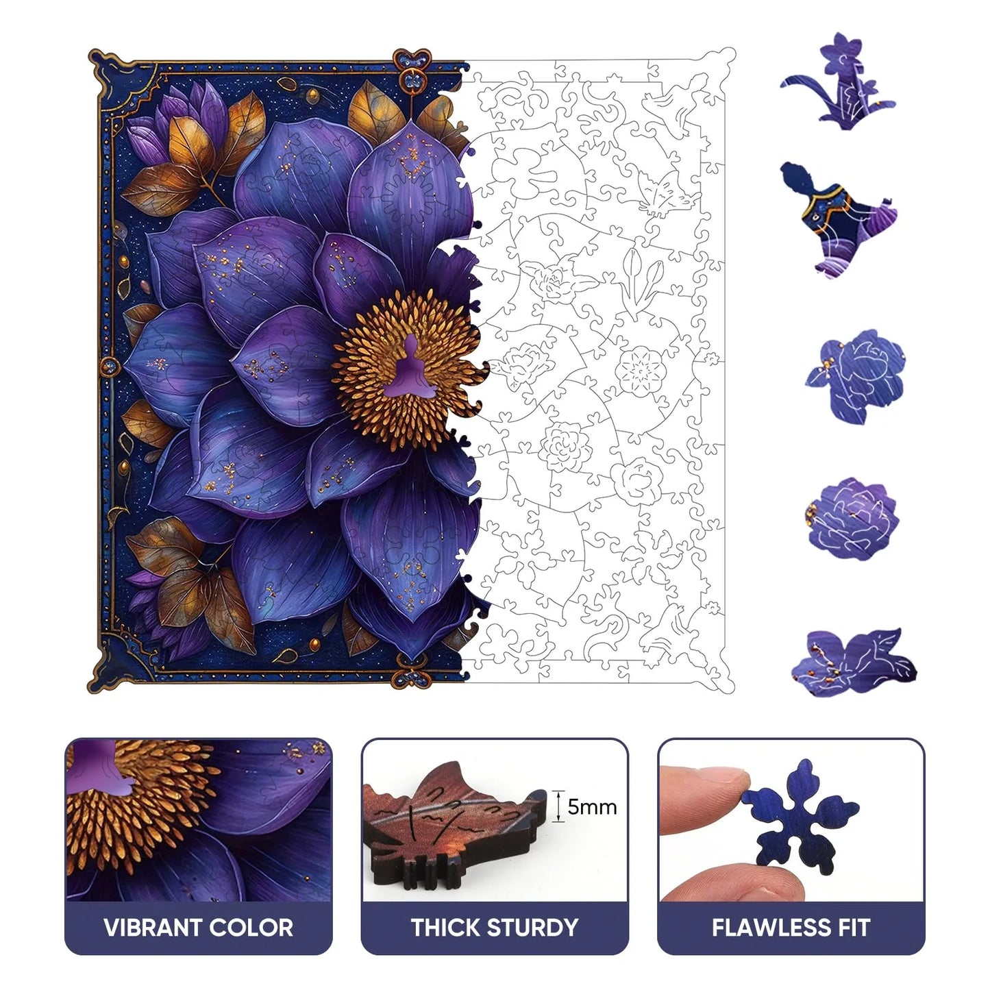 Whimsical wooden jigsaw puzzle – calming lotus yoga design